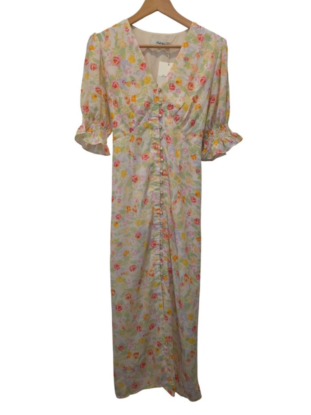 Simple Retro KORA Allover Floral Print Puff Sleeve Fully-Lined Maxi Dress Sz XL